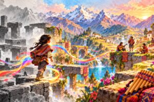 A watercolor Andean landscape changing from monochrome to color along a young traveler’s musical journey