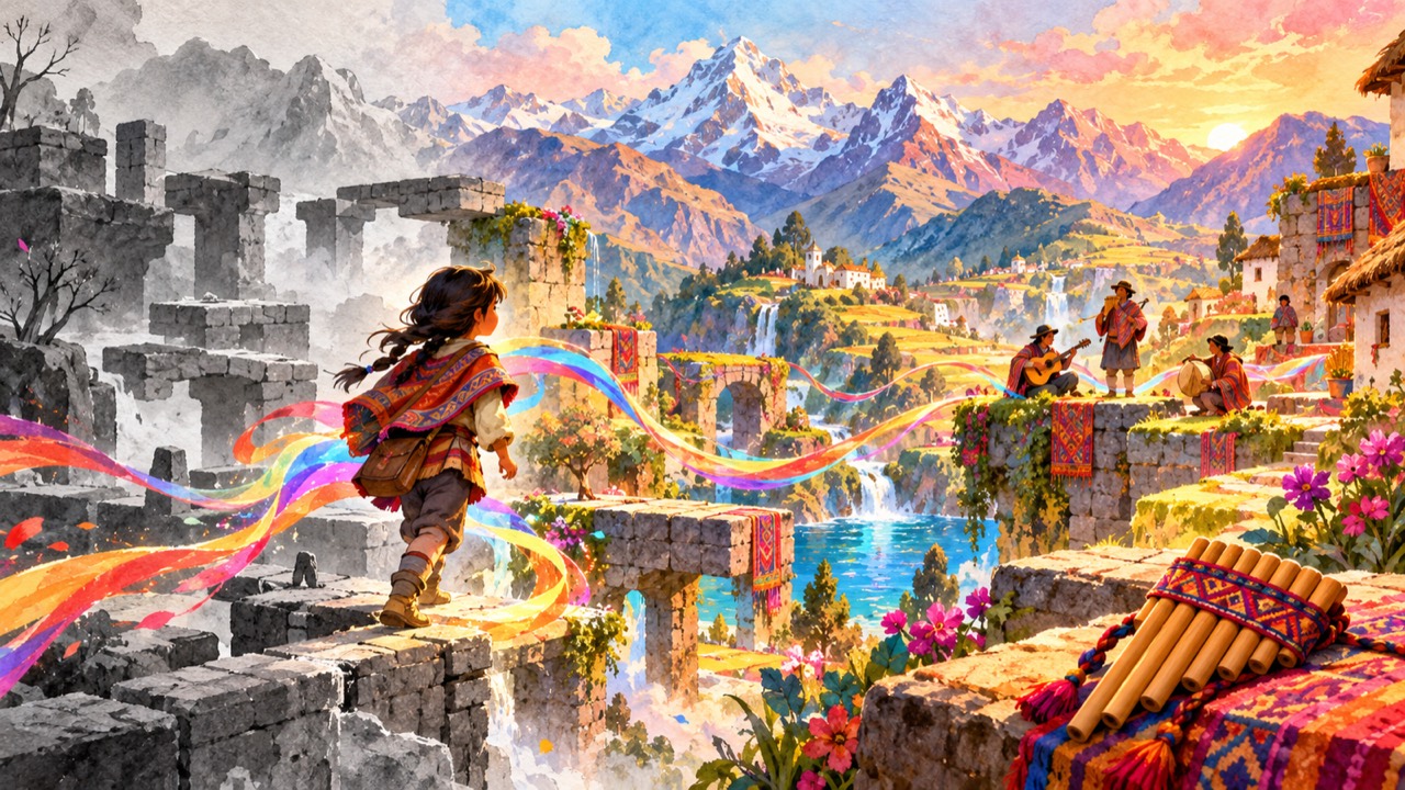 A watercolor Andean landscape changing from monochrome to color along a young traveler’s musical journey