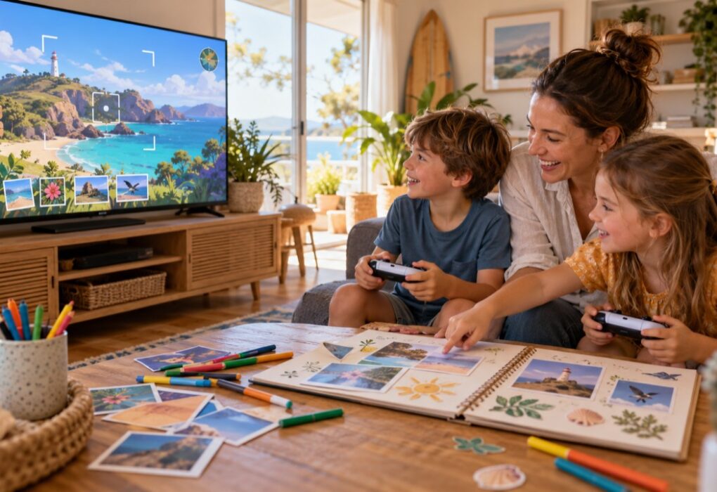 A parent and two children playing a cooperative photo game beside a handmade scrapbook