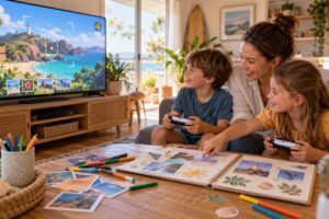 A parent and two children playing a cooperative photo game beside a handmade scrapbook