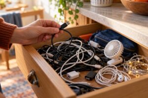 A hand lifts a USB cable from a wooden drawer containing tangled cables, earbuds, adapters and a small fan.