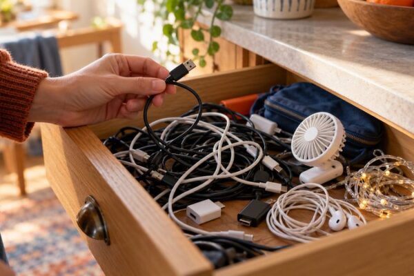 A hand lifts a USB cable from a wooden drawer containing tangled cables, earbuds, adapters and a small fan.