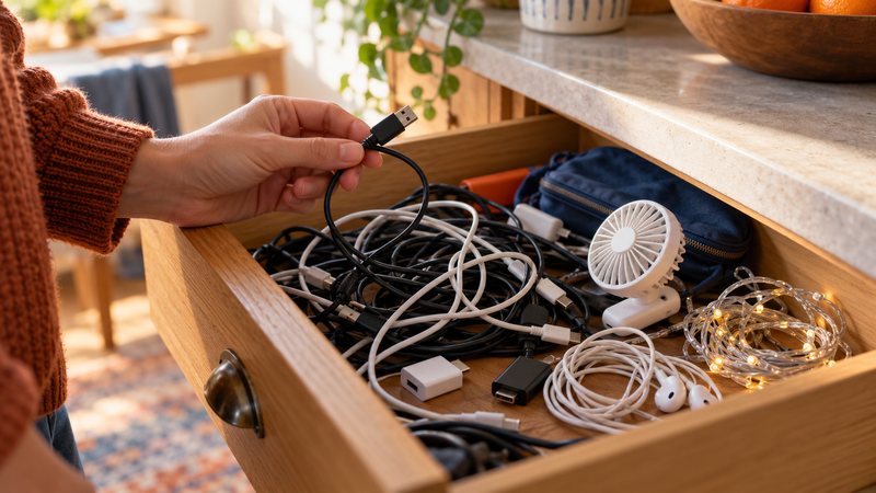 A hand lifts a USB cable from a wooden drawer containing tangled cables, earbuds, adapters and a small fan.