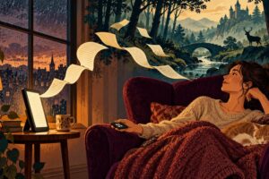 A reader relaxes with a page-turn remote while an e-reader’s pages lead into an imagined forest above the armchair.