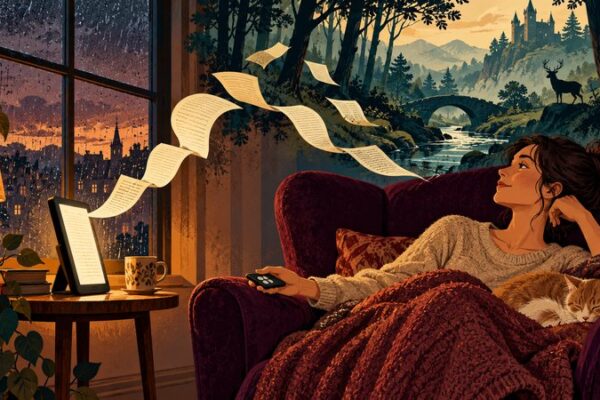 A reader relaxes with a page-turn remote while an e-reader’s pages lead into an imagined forest above the armchair.