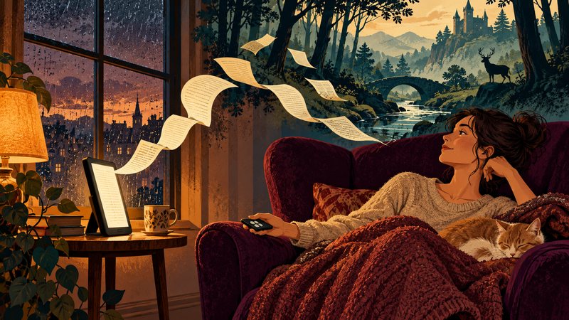 A reader relaxes with a page-turn remote while an e-reader’s pages lead into an imagined forest above the armchair.