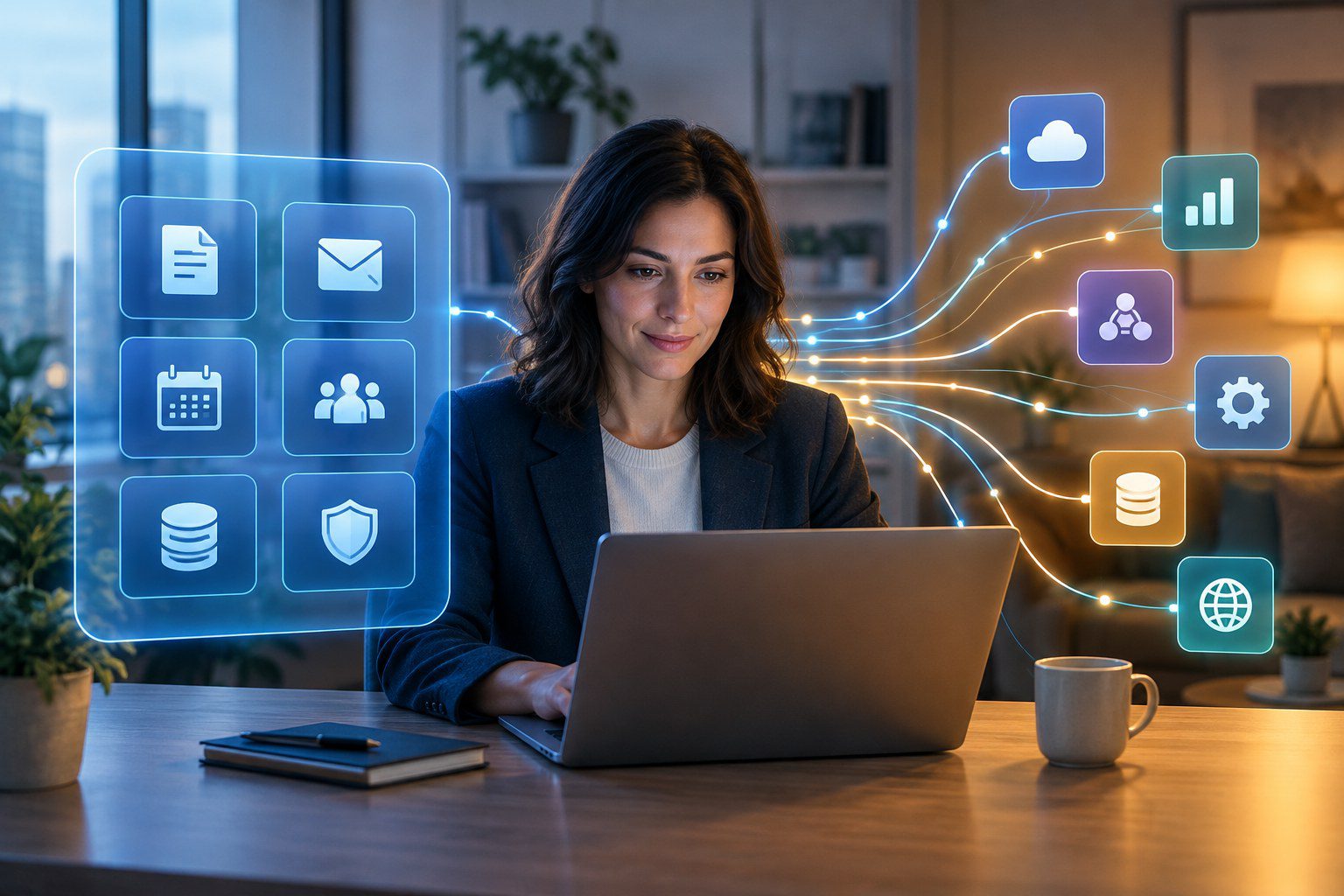 Office worker choosing between an enclosed business-software suite and interoperable apps connected by open data paths