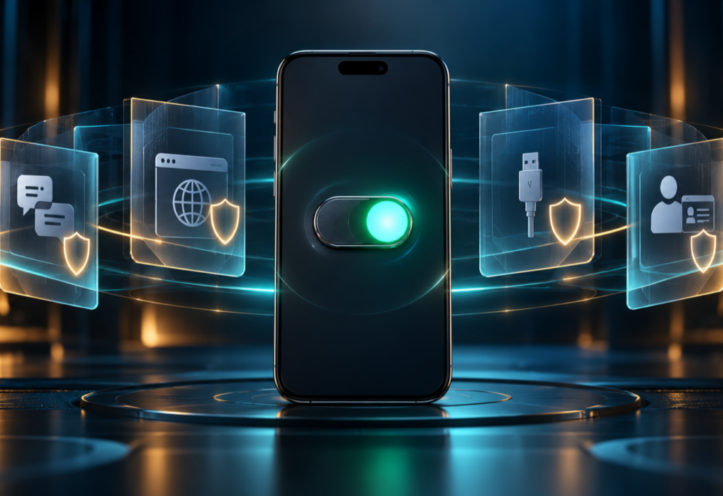 A smartphone security switch activating layered protection for messages, web, USB and identity
