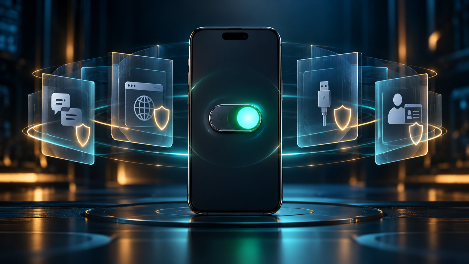 A smartphone security switch activating layered protection for messages, web, USB and identity