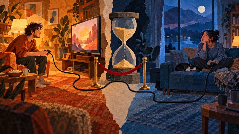 Two friends in separate living rooms, one playing and one waiting, divided by an hourglass and a velvet rope.