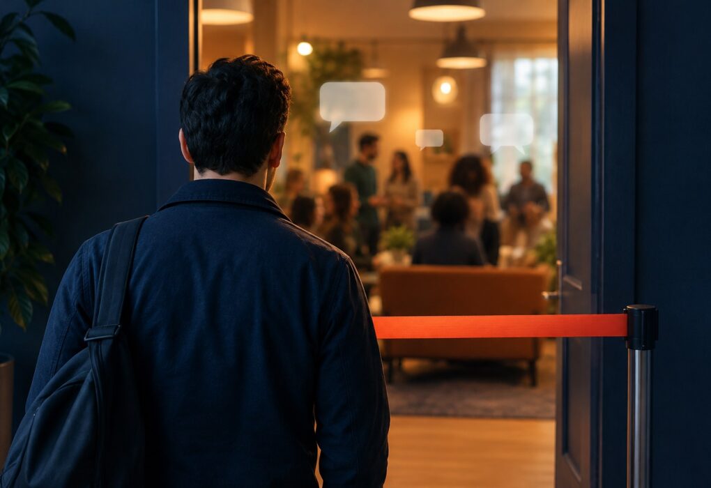 Conceptual illustration of a person stopped by an orange barrier at an open doorway, with people and speech bubbles beyond.