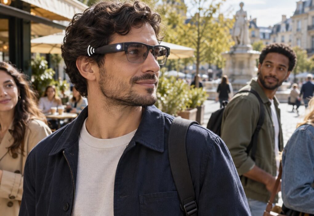 A person wearing unbranded smart glasses with a bright recording indicator visible to nearby bystanders