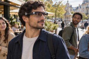 A person wearing unbranded smart glasses with a bright recording indicator visible to nearby bystanders