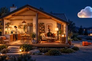 A warmly lit miniature home with two people inside stands beside a floating glass cloud and a disconnected orange plug.