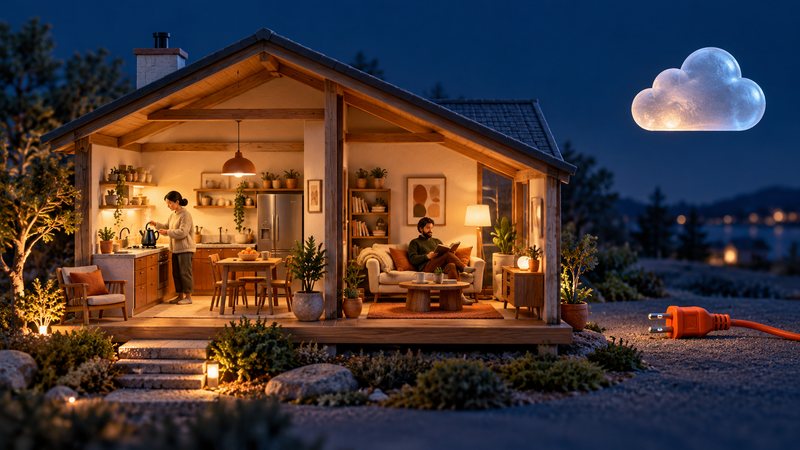 A warmly lit miniature home with two people inside stands beside a floating glass cloud and a disconnected orange plug.