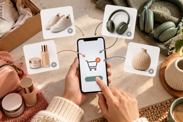 A smartphone organizing products from several online stores into one digital shopping cart