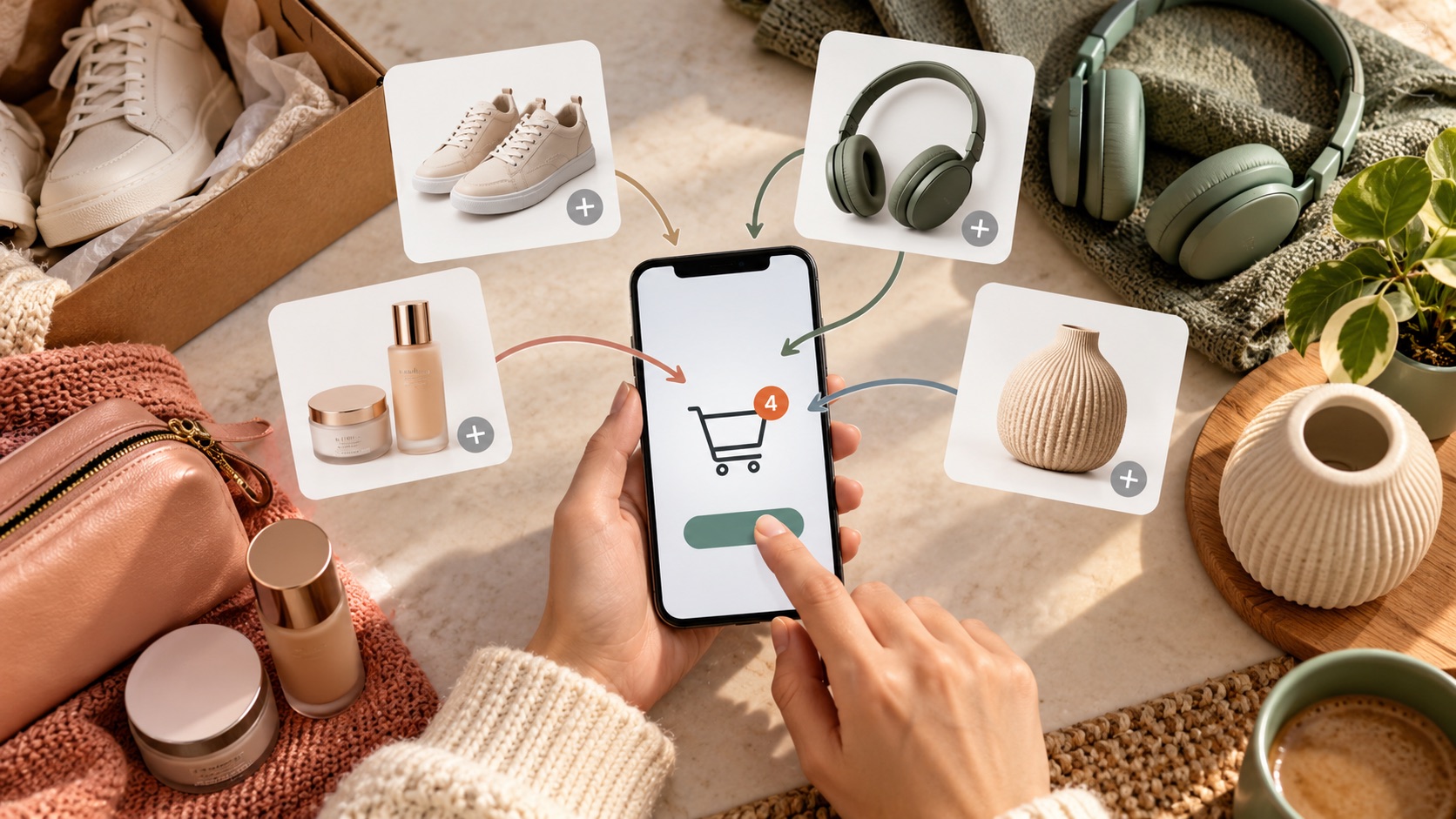 A smartphone organizing products from several online stores into one digital shopping cart
