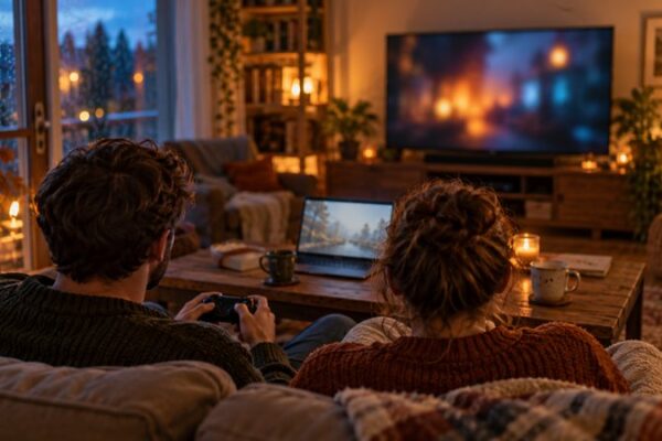 Two people sit on a couch facing a softly glowing television, with a laptop and coffee mugs on the table.
