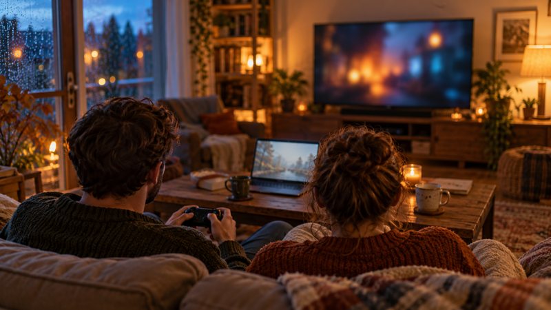 Two people sit on a couch facing a softly glowing television, with a laptop and coffee mugs on the table.