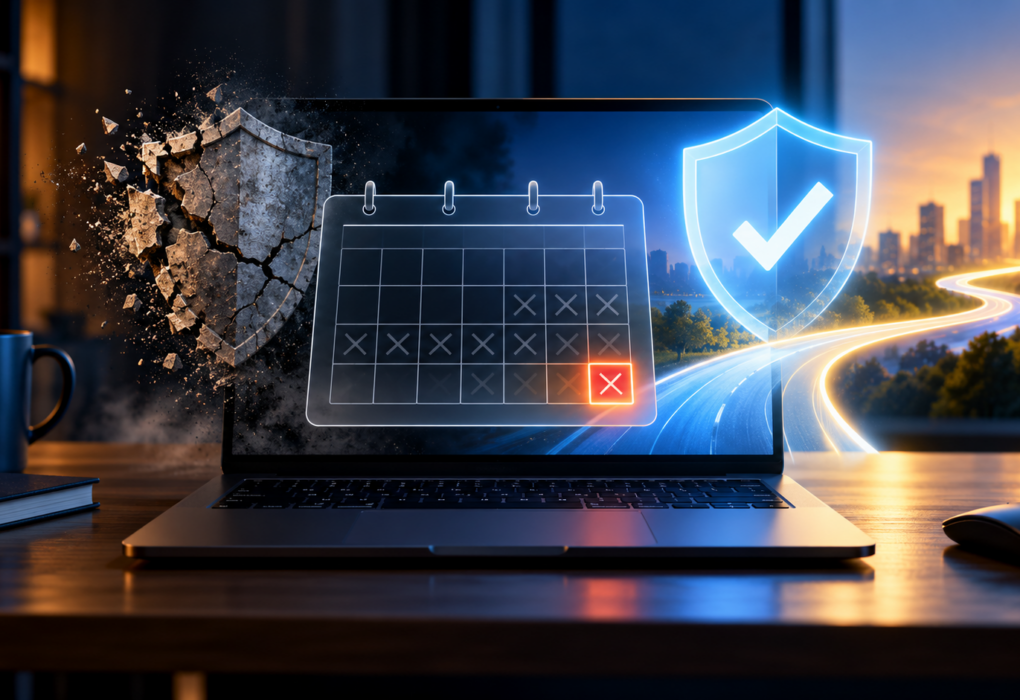 Laptop showing a software support deadline beside a fading shield and a secure update path