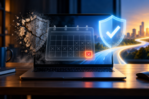 Laptop showing a software support deadline beside a fading shield and a secure update path