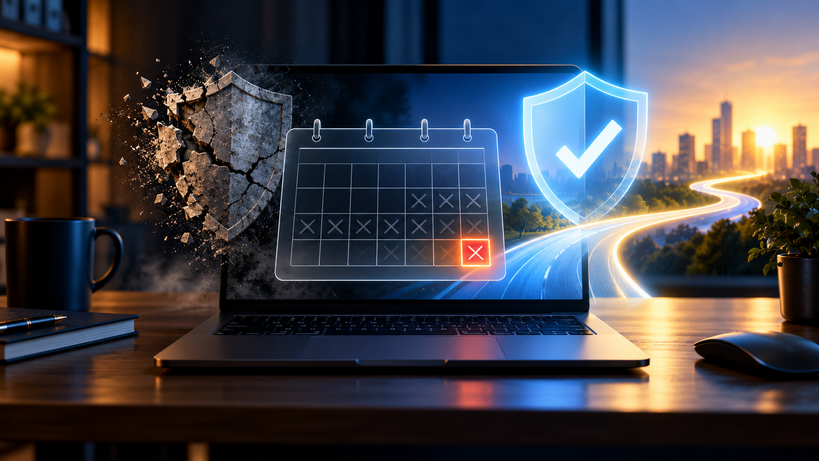 Laptop showing a software support deadline beside a fading shield and a secure update path